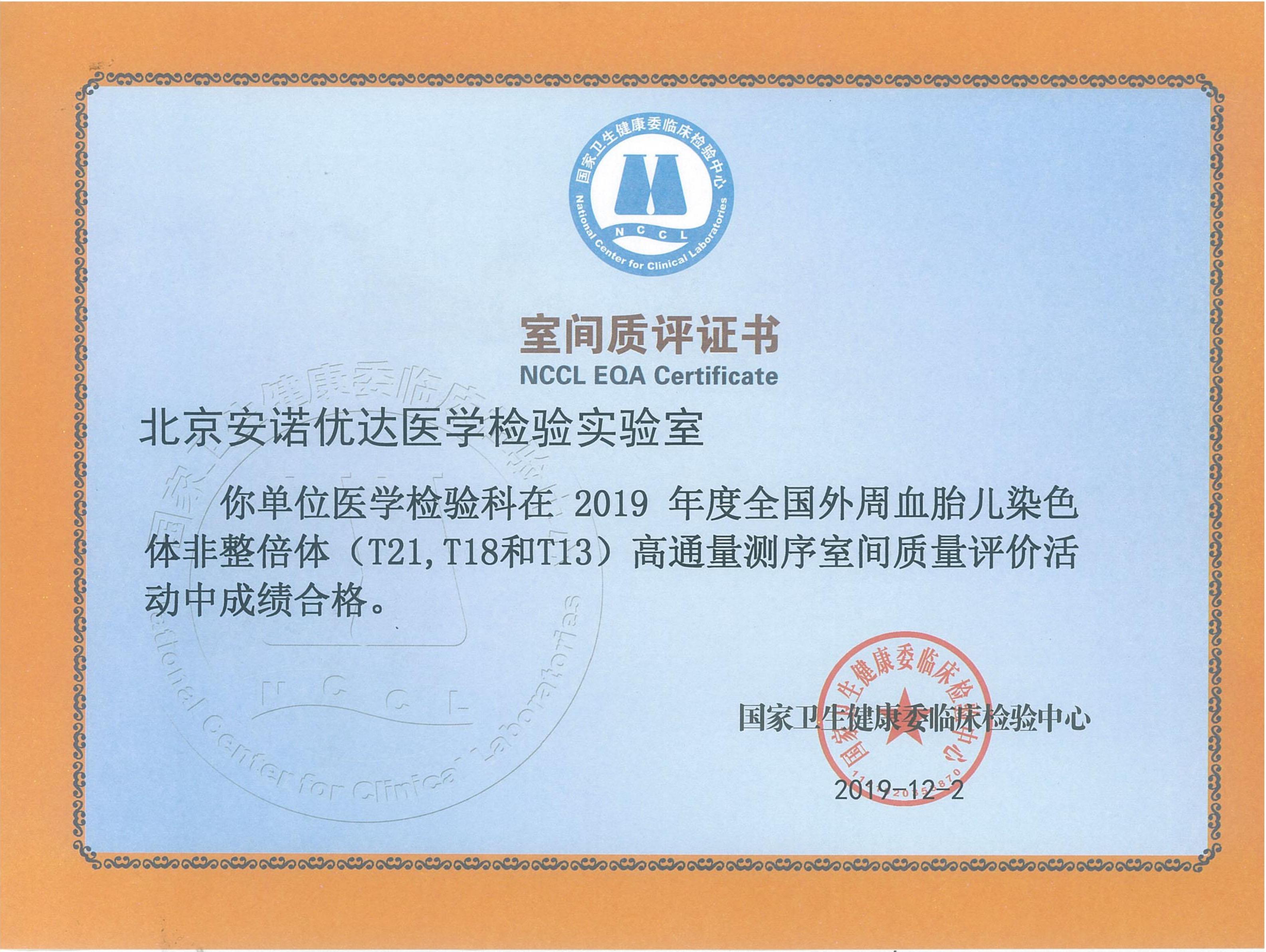 NIPT NCCL EQA Certificate (2019)